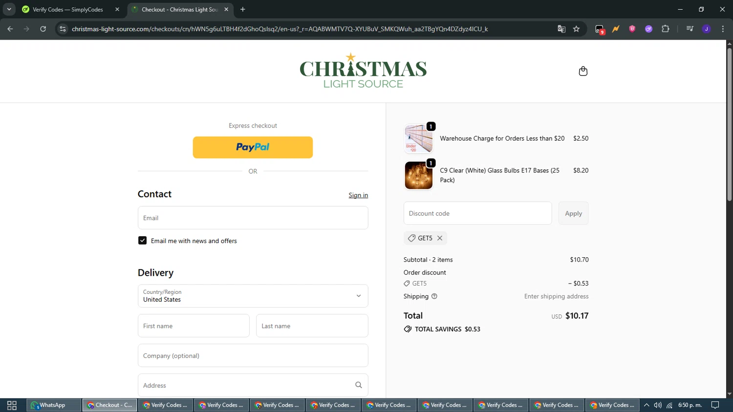 Christmas Light Source promo code screenshot showing code GET5 applied at Christmas Light Source checkout page. Uploaded by SimplyCodes community member WiseMaven9968 on Nov 24, 2025