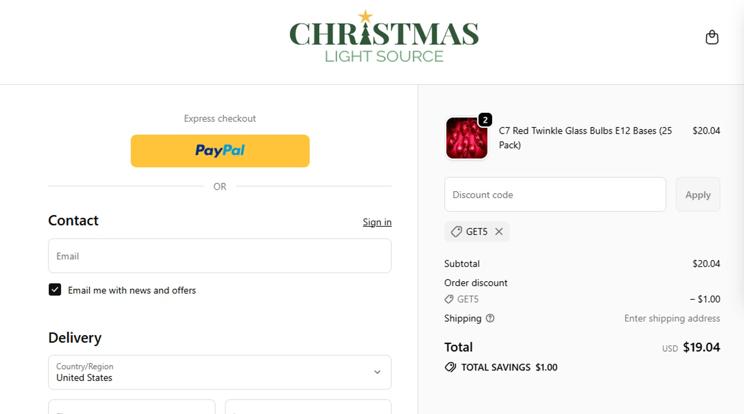 Christmas Light Source promo code screenshot showing code GET5 applied at Christmas Light Source checkout page. Uploaded by SimplyCodes community member eithanmilas on Nov 24, 2025
