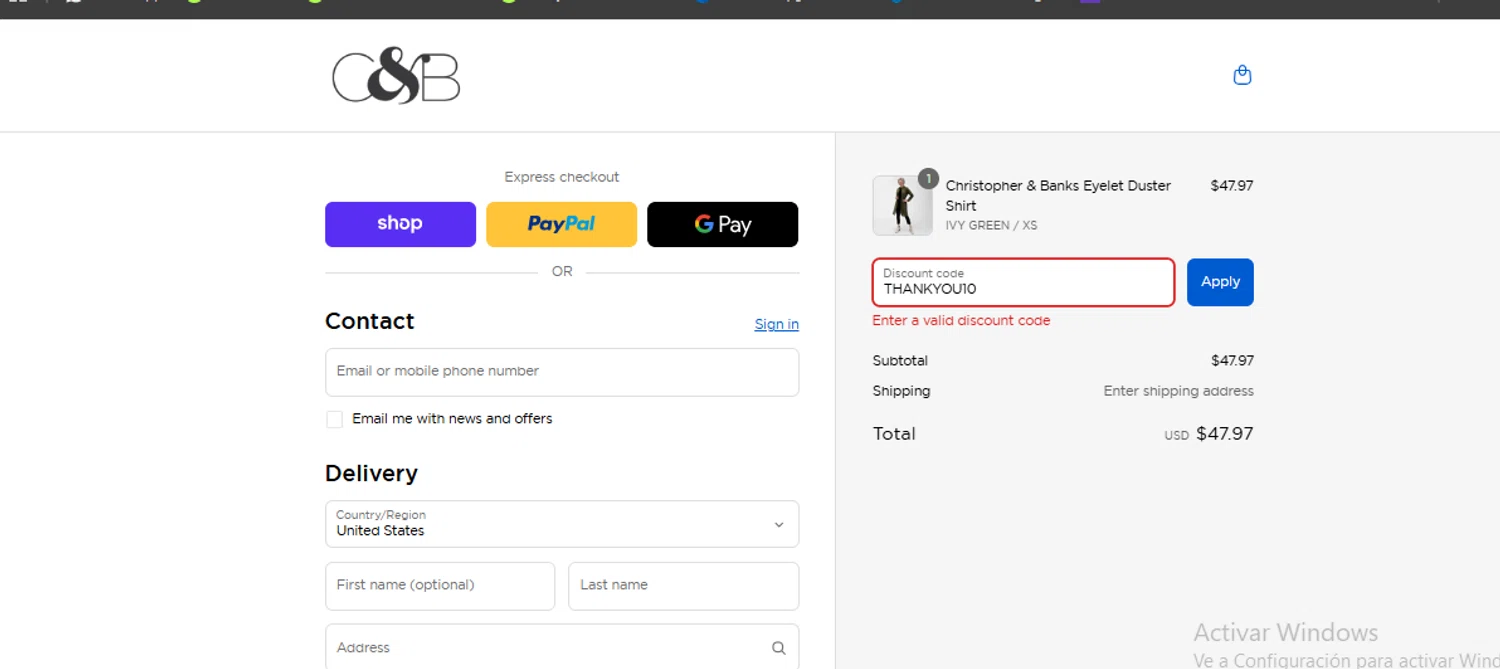 Christopher & Banks promo code screenshot showing code THANKYOU10 applied at Christopher & Banks checkout page. Uploaded by SimplyCodes community member danielgarcia1 on Sep 10, 2025