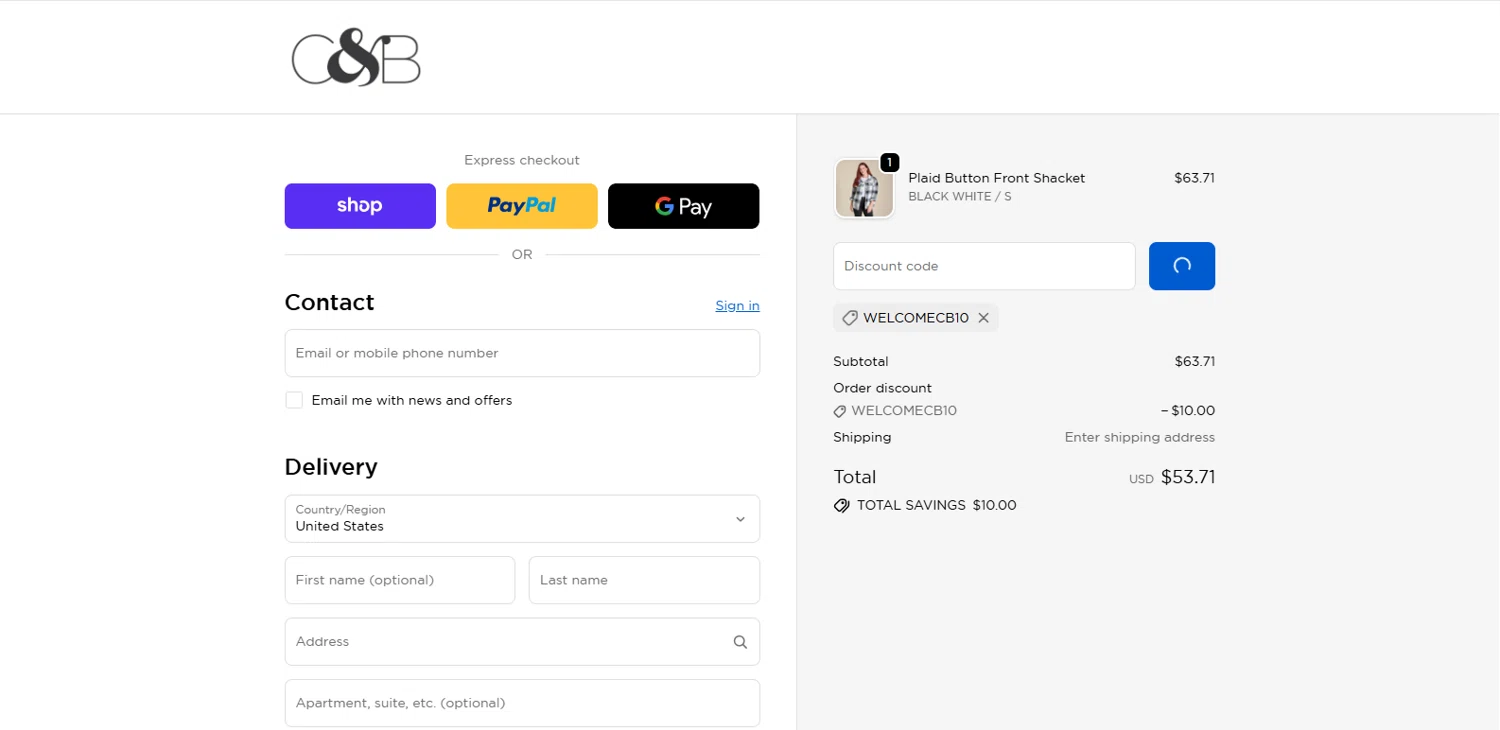 Christopher & Banks promo code screenshot showing code WELCOMECB10 applied at Christopher & Banks checkout page. Uploaded by SimplyCodes community member dimitriv on Nov 1, 2025