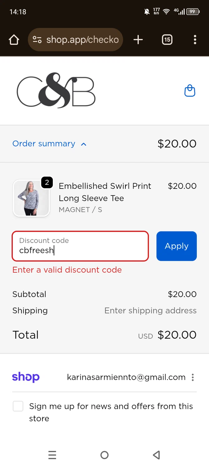 Christopher & Banks promo code screenshot showing code cbfreesh applied at Christopher & Banks checkout page. Uploaded by SimplyCodes community member Olivatle on Oct 24, 2025