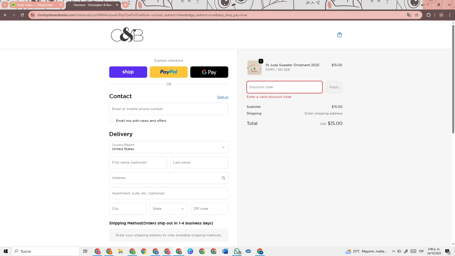 Christopher & Banks promo code screenshot showing code cbfreesh applied at Christopher & Banks checkout page. Uploaded by SimplyCodes community member RebateRanger3247 on Oct 24, 2025