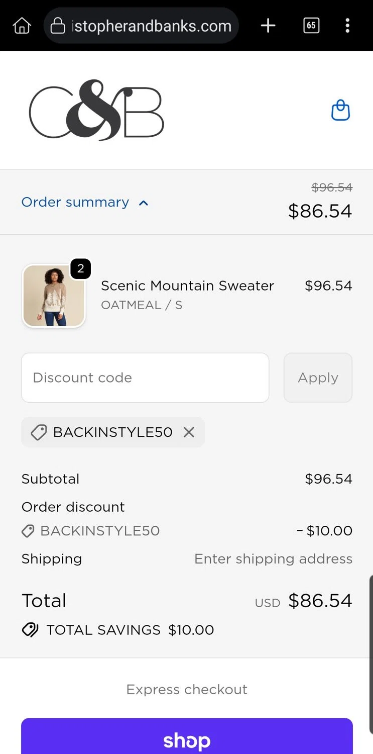 Christopher & Banks checkout page showing Christopher & Banks promo code box | Screenshot taken by SimplyCodes community member on Oct 31, 2025