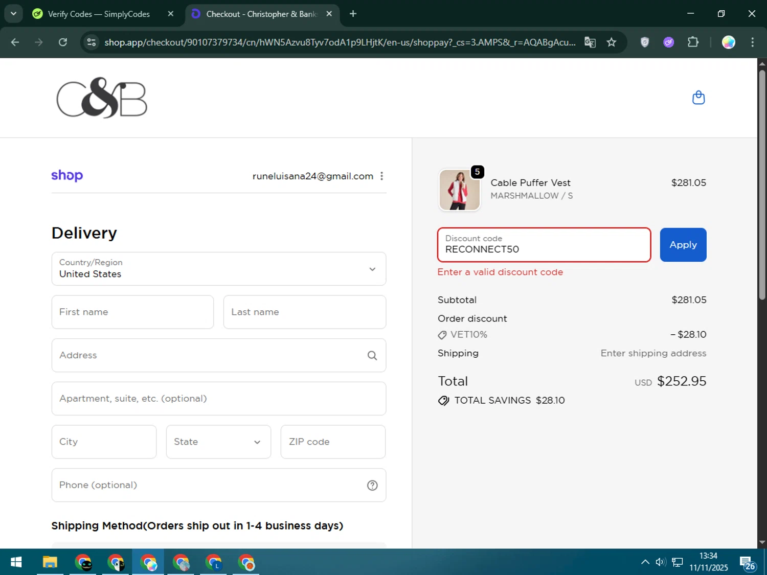 Christopher & Banks promo code screenshot showing code RECONNECT50 applied at Christopher & Banks checkout page. Uploaded by SimplyCodes community member Estrellitacoairis on Nov 11, 2025