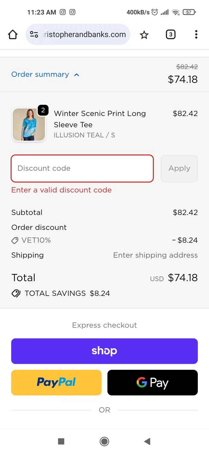 Christopher & Banks promo code screenshot showing code RECONNECT50 applied at Christopher & Banks checkout page. Uploaded by SimplyCodes community member Piolin on Nov 11, 2025
