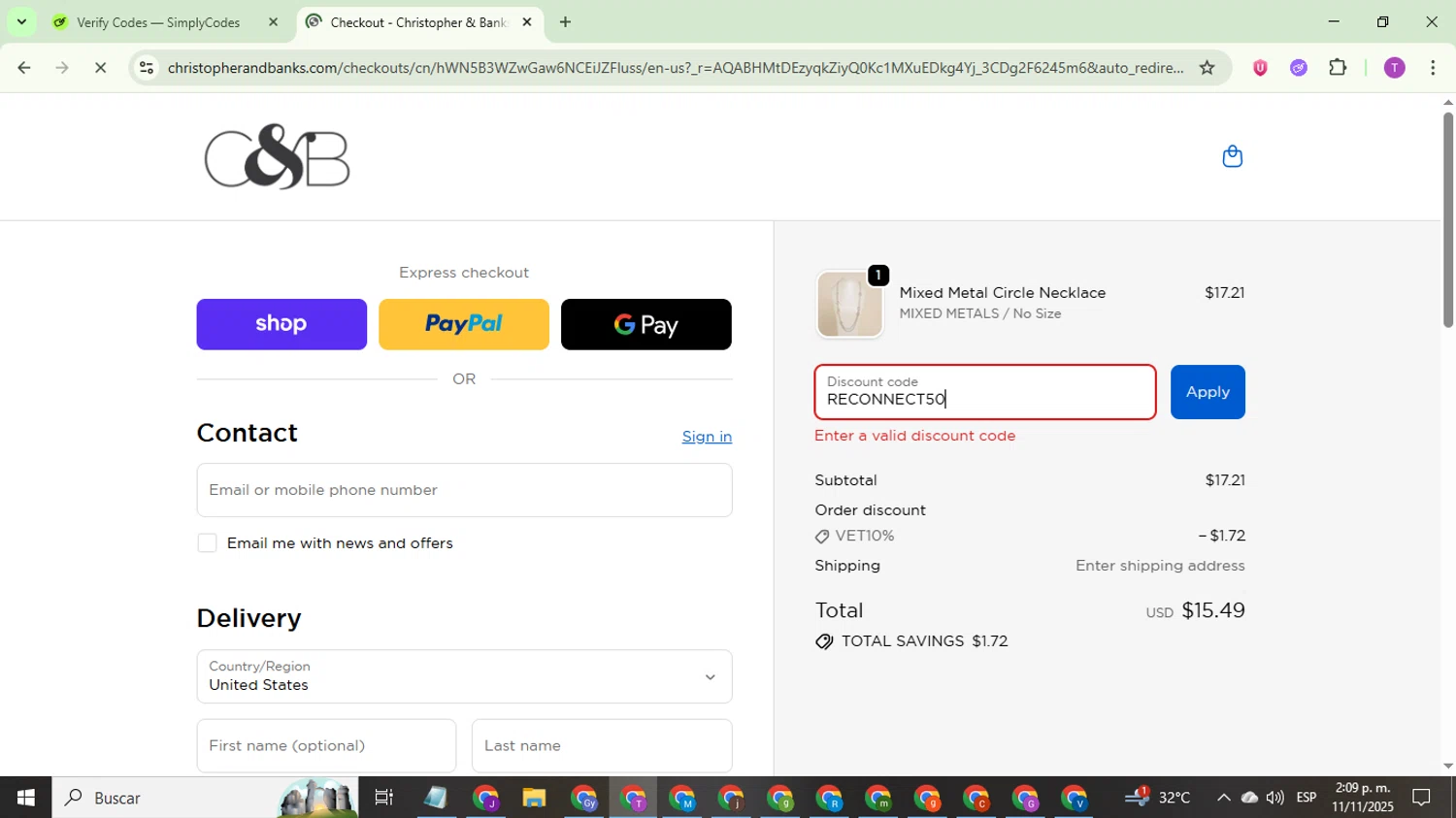 Christopher & Banks promo code screenshot showing code RECONNECT50 applied at Christopher & Banks checkout page. Uploaded by SimplyCodes community member ThriftyCurator4085 on Nov 11, 2025