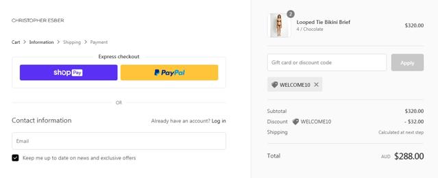 Christopher Esber checkout page showing Christopher Esber promo code box | Screenshot taken by SimplyCodes community member on Jan 25, 2021