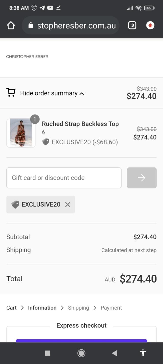 Christopher Esber checkout page showing Christopher Esber promo code box | Screenshot taken by SimplyCodes community member on Aug 29, 2021
