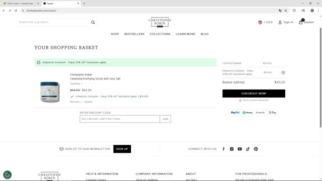 Christophe Robin checkout page showing Christophe Robin coupon code box | Screenshot taken by SimplyCodes community member on Aug 27, 2025