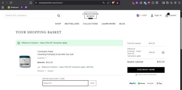 Christophe Robin checkout page showing Christophe Robin coupon code box | Screenshot taken by SimplyCodes community member on Aug 27, 2025