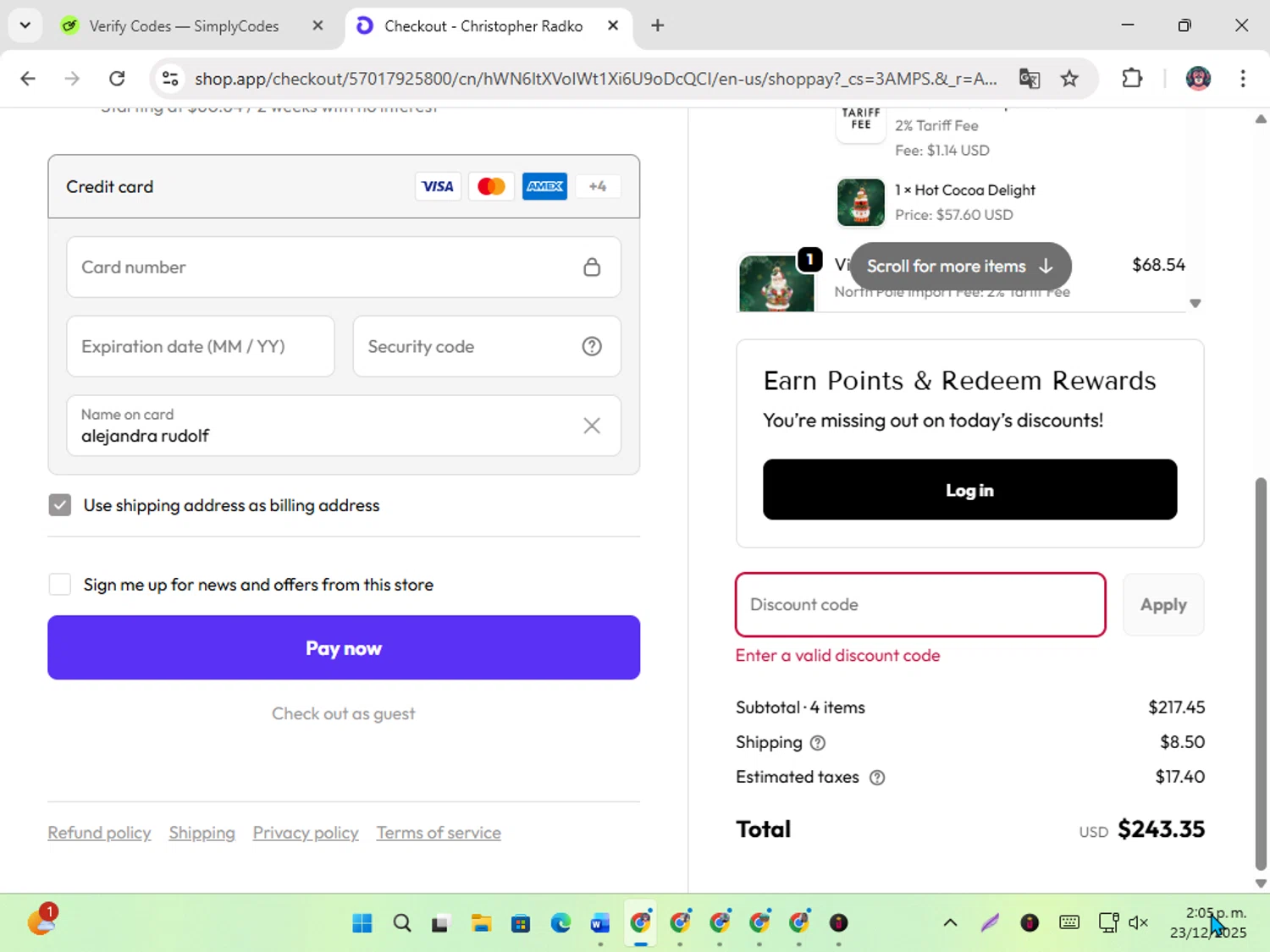 Christopher Radko discount code screenshot showing code FREESHIP applied at Christopher Radko checkout page. Uploaded by SimplyCodes community member karoline on Dec 23, 2025