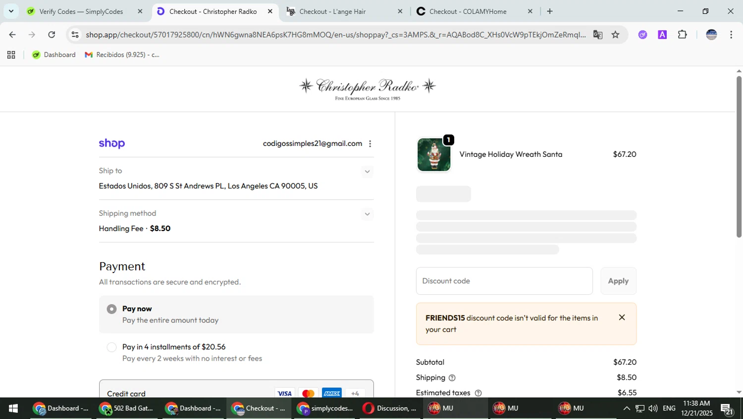 Christopher Radko discount code screenshot showing code FRIENDS15 applied at Christopher Radko checkout page. Uploaded by SimplyCodes community member TrevorPhilips on Dec 21, 2025