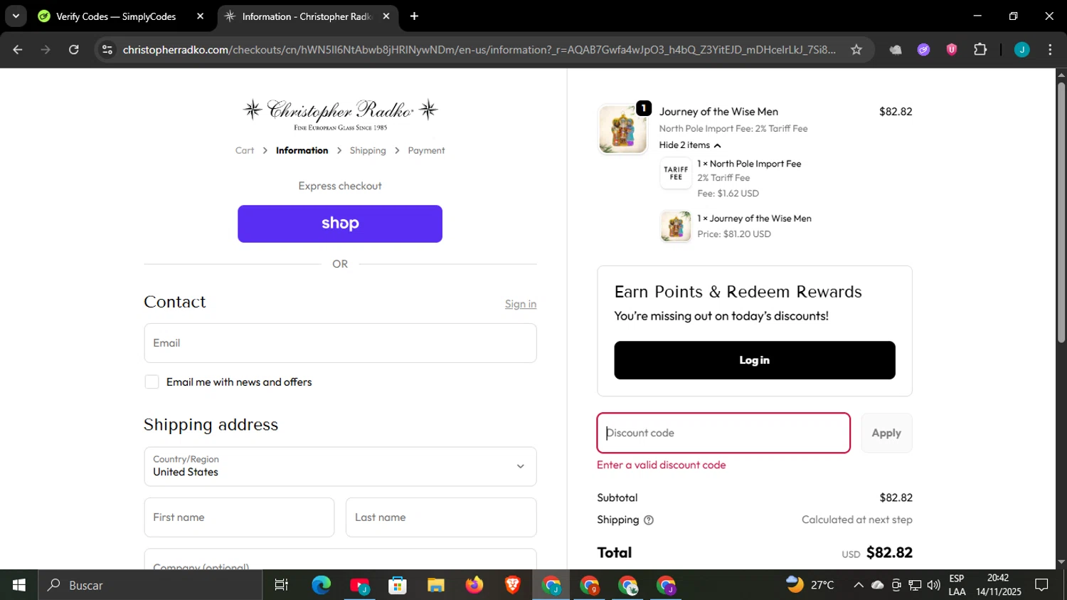 Christopher Radko discount code screenshot showing code FRIENDS10 applied at Christopher Radko checkout page. Uploaded by SimplyCodes community member WonderCaptain6926 on Nov 15, 2025
