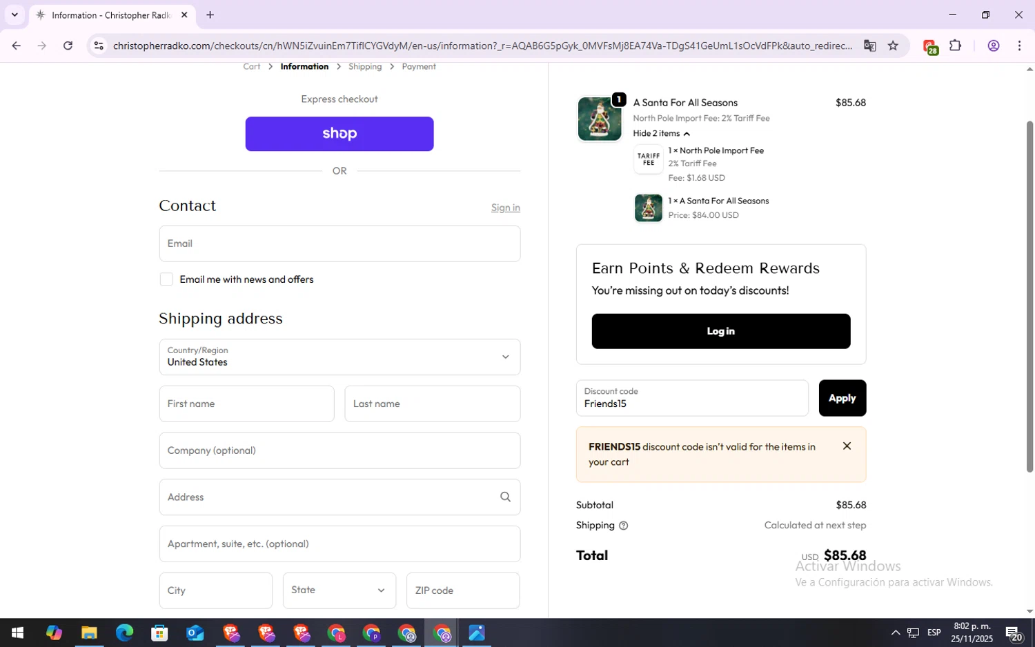 Christopher Radko discount code screenshot showing code Friends15 applied at Christopher Radko checkout page. Uploaded by SimplyCodes community member SilverFox3257 on Nov 26, 2025