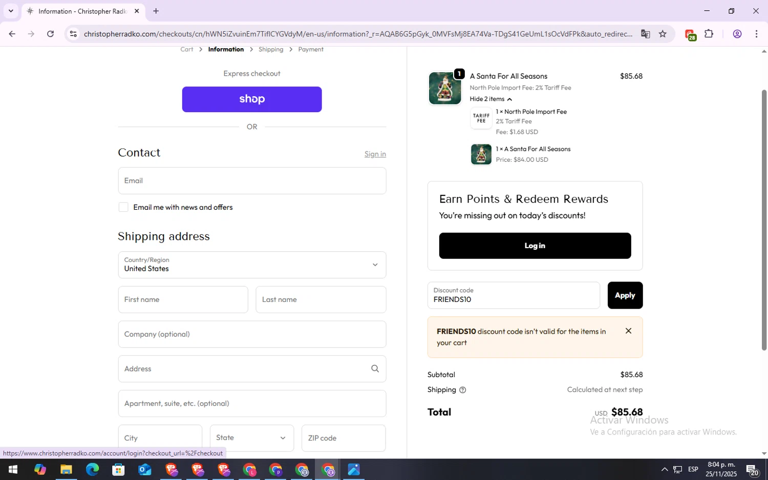 Christopher Radko discount code screenshot showing code FRIENDS10 applied at Christopher Radko checkout page. Uploaded by SimplyCodes community member SilverFox3257 on Nov 26, 2025