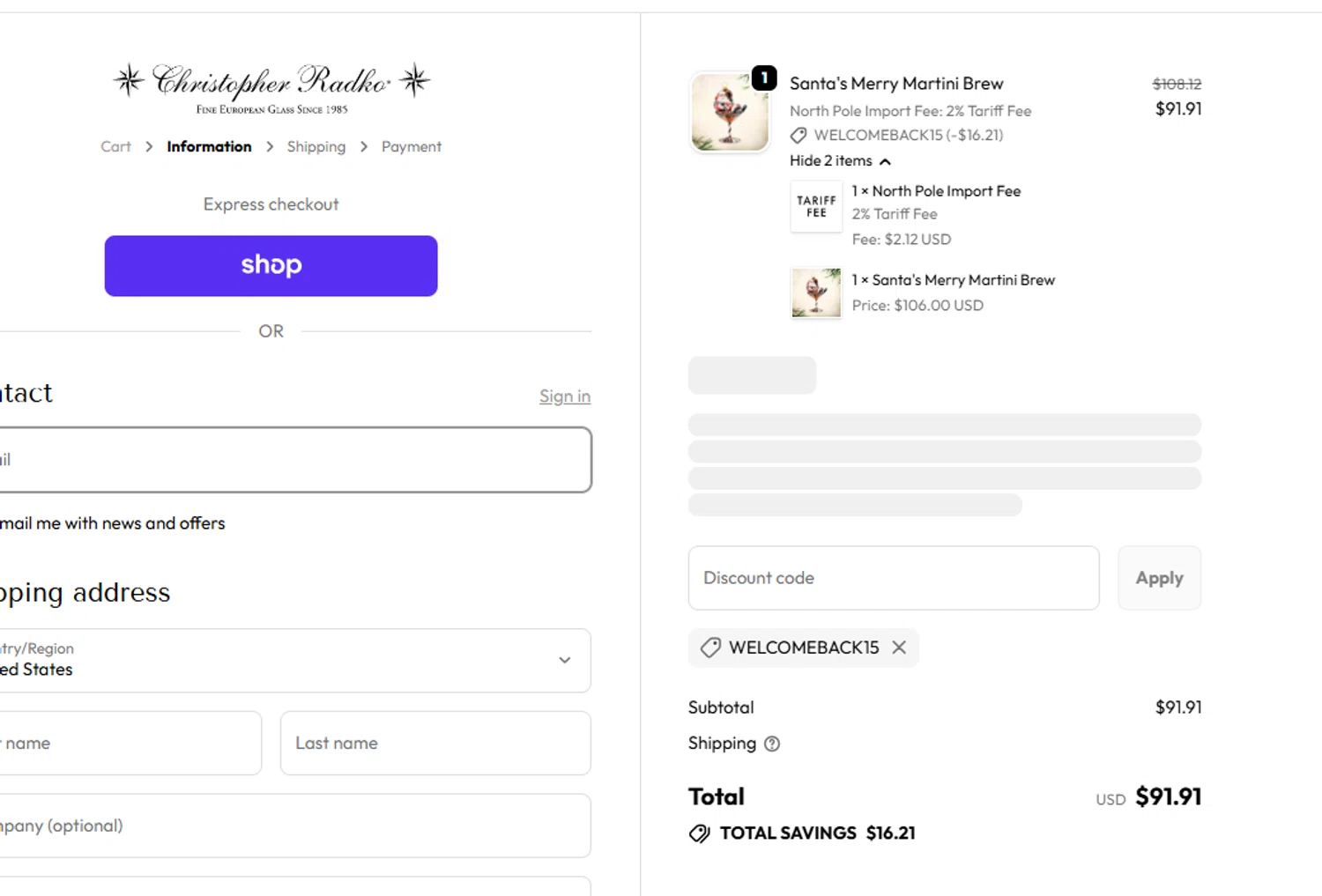 Christopher Radko discount code screenshot showing code WELCOMEBACK15 applied at Christopher Radko checkout page. Uploaded by SimplyCodes community member yeresojperez on Nov 23, 2025