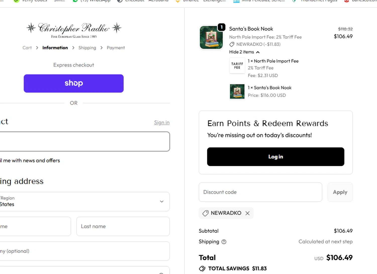Christopher Radko discount code screenshot showing code NEWRADKO applied at Christopher Radko checkout page. Uploaded by SimplyCodes community member yeresojperez on Nov 22, 2025