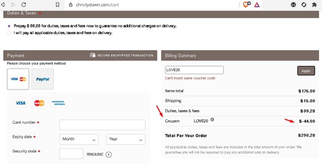 Christy Dawn checkout page showing Christy Dawn discount code box | Screenshot taken by SimplyCodes community member on Mar 11, 2021
