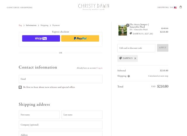 Christy Dawn checkout page showing Christy Dawn discount code box | Screenshot taken by SimplyCodes community member on May 24, 2021