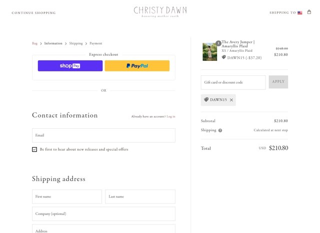Christy Dawn checkout page showing Christy Dawn discount code box | Screenshot taken by SimplyCodes community member on May 24, 2021