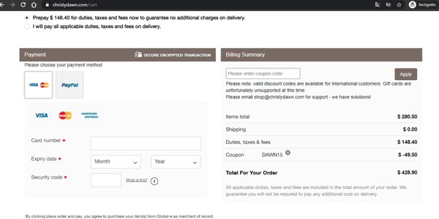 Christy Dawn checkout page showing Christy Dawn discount code box | Screenshot taken by SimplyCodes community member on Mar 11, 2021