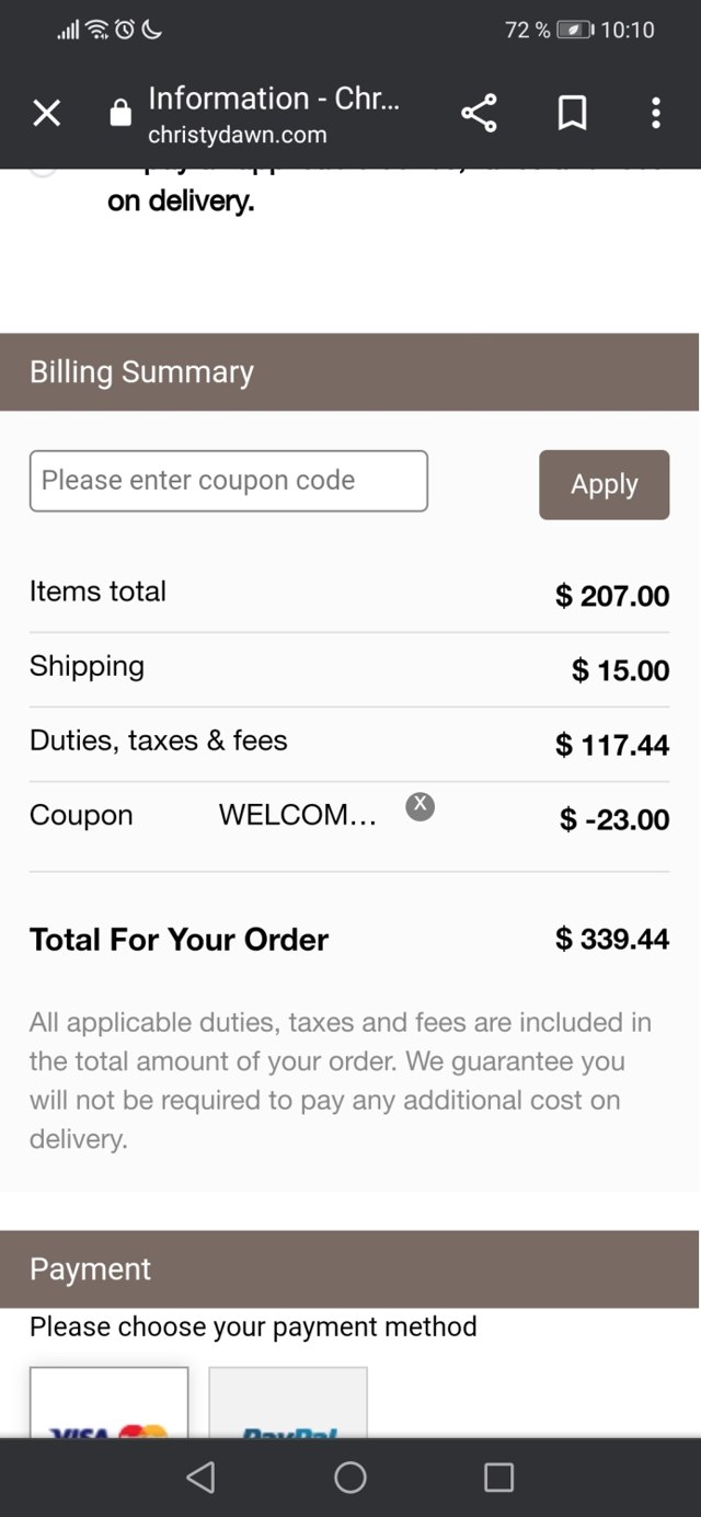 Christy Dawn checkout page showing Christy Dawn discount code box | Screenshot taken by SimplyCodes community member on Apr 5, 2022
