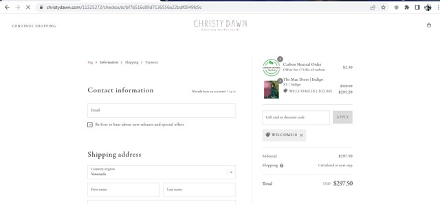 Christy Dawn checkout page showing Christy Dawn discount code box | Screenshot taken by SimplyCodes community member on Sep 24, 2022