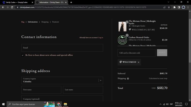 Christy Dawn checkout page showing Christy Dawn discount code box | Screenshot taken by SimplyCodes community member on Aug 26, 2022