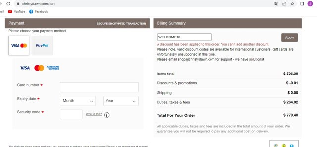 Christy Dawn checkout page showing Christy Dawn discount code box | Screenshot taken by SimplyCodes community member on Oct 23, 2022
