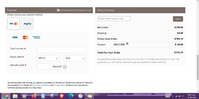 Christy Dawn checkout page showing Christy Dawn discount code box | Screenshot taken by SimplyCodes community member on Feb 12, 2021