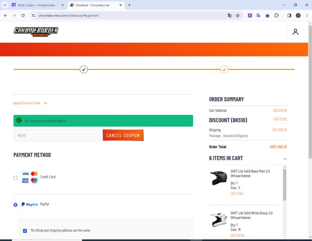 ChromeBurner checkout page showing ChromeBurner discount code box | Screenshot taken by SimplyCodes community member on Feb 29, 2024