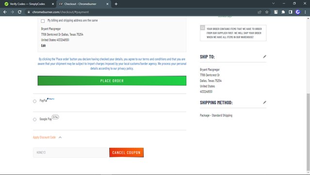 ChromeBurner checkout page showing ChromeBurner discount code box | Screenshot taken by SimplyCodes community member on Aug 17, 2024