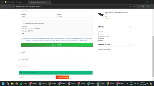 ChromeBurner checkout page showing ChromeBurner discount code box | Screenshot taken by SimplyCodes community member on Jul 25, 2024