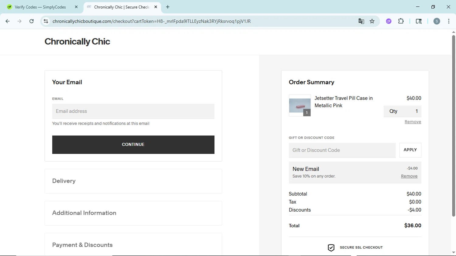 Chronically Chic promo code screenshot showing code NEWFRIEND10 applied at Chronically Chic checkout page. Uploaded by SimplyCodes community member EpicScholar6418 on May 26, 2025