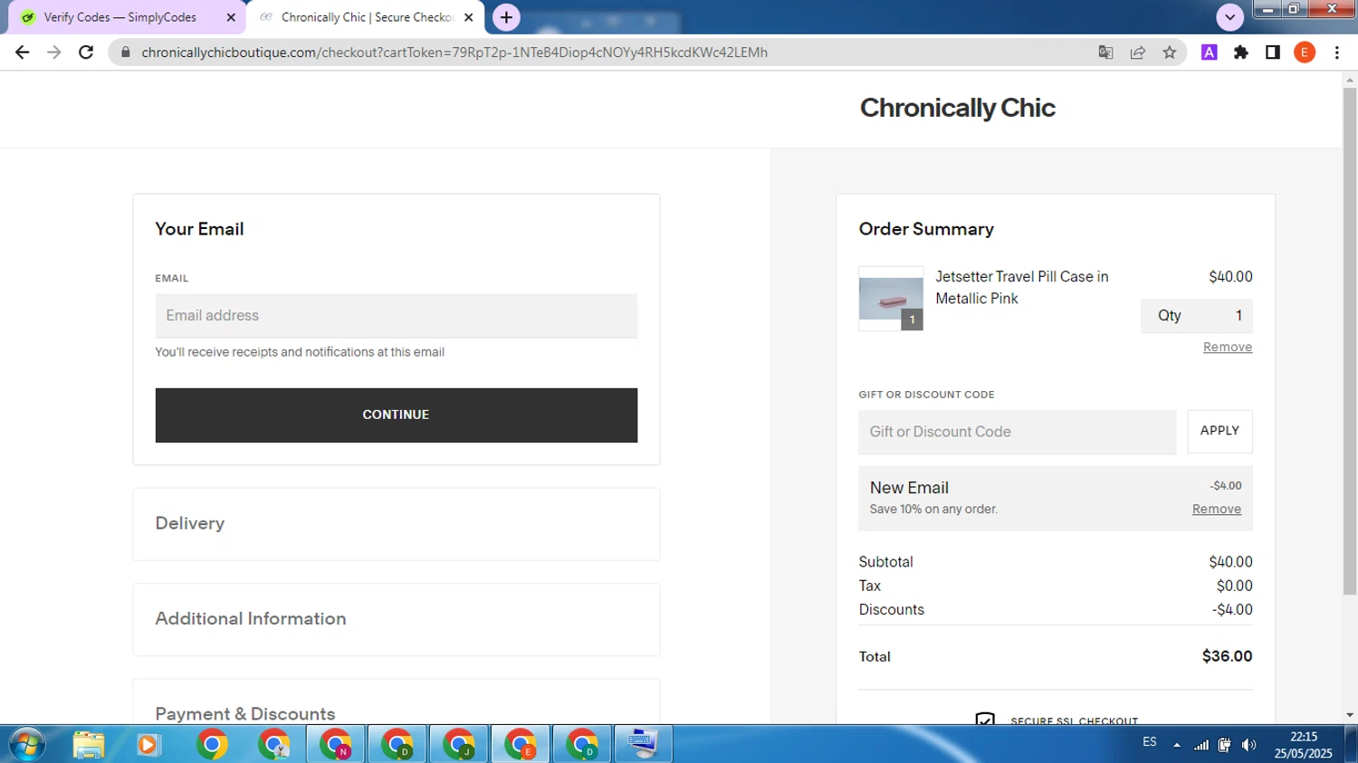 Chronically Chic promo code screenshot showing code NEWFRIEND10 applied at Chronically Chic checkout page. Uploaded by SimplyCodes community member VoucherScout5024 on May 26, 2025