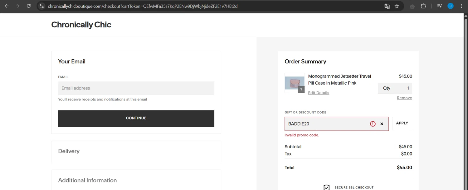 Chronically Chic promo code screenshot showing code BADDIE20 applied at Chronically Chic checkout page. Uploaded by SimplyCodes community member Jeanjc on May 12, 2025