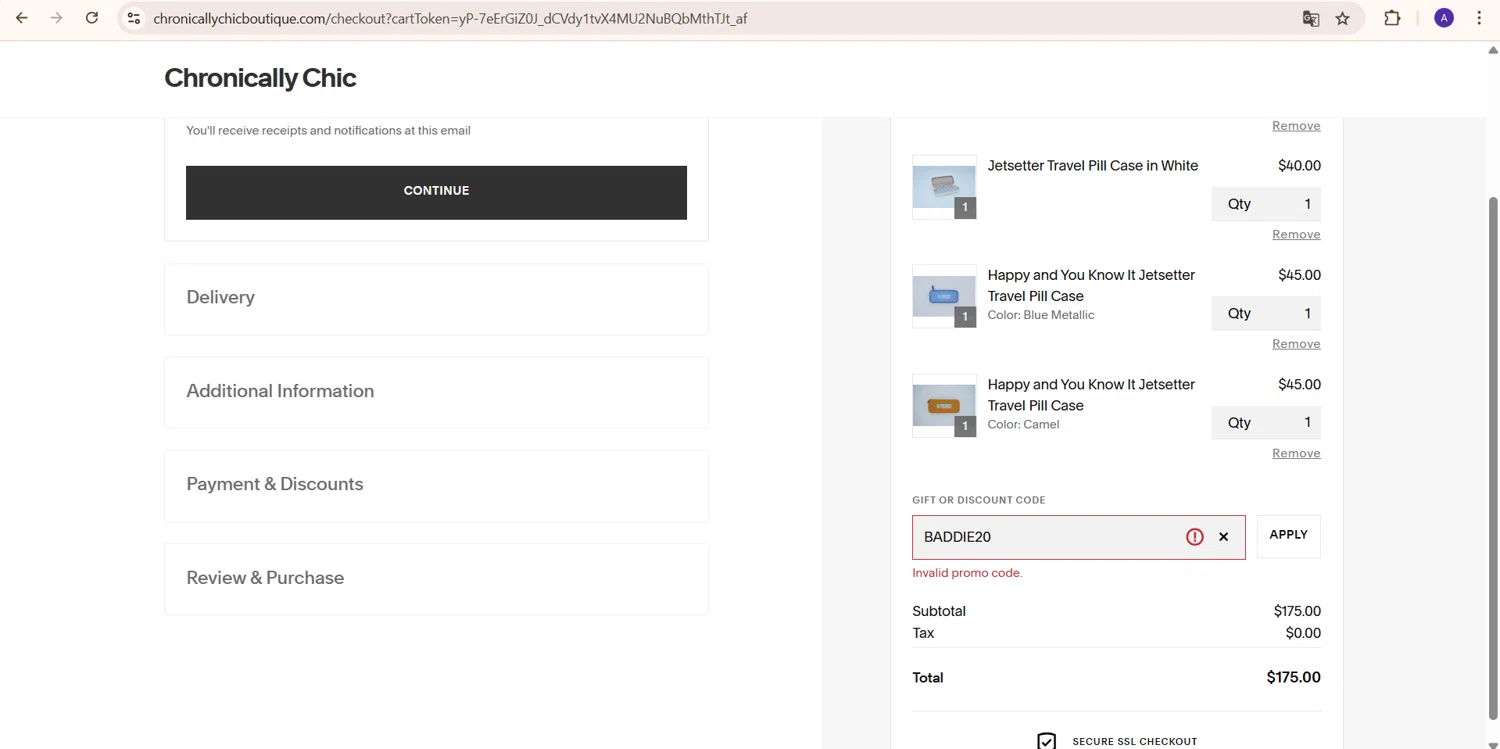 Chronically Chic promo code screenshot showing code BADDIE20 applied at Chronically Chic checkout page. Uploaded by SimplyCodes community member PromoExpert5262 on May 12, 2025