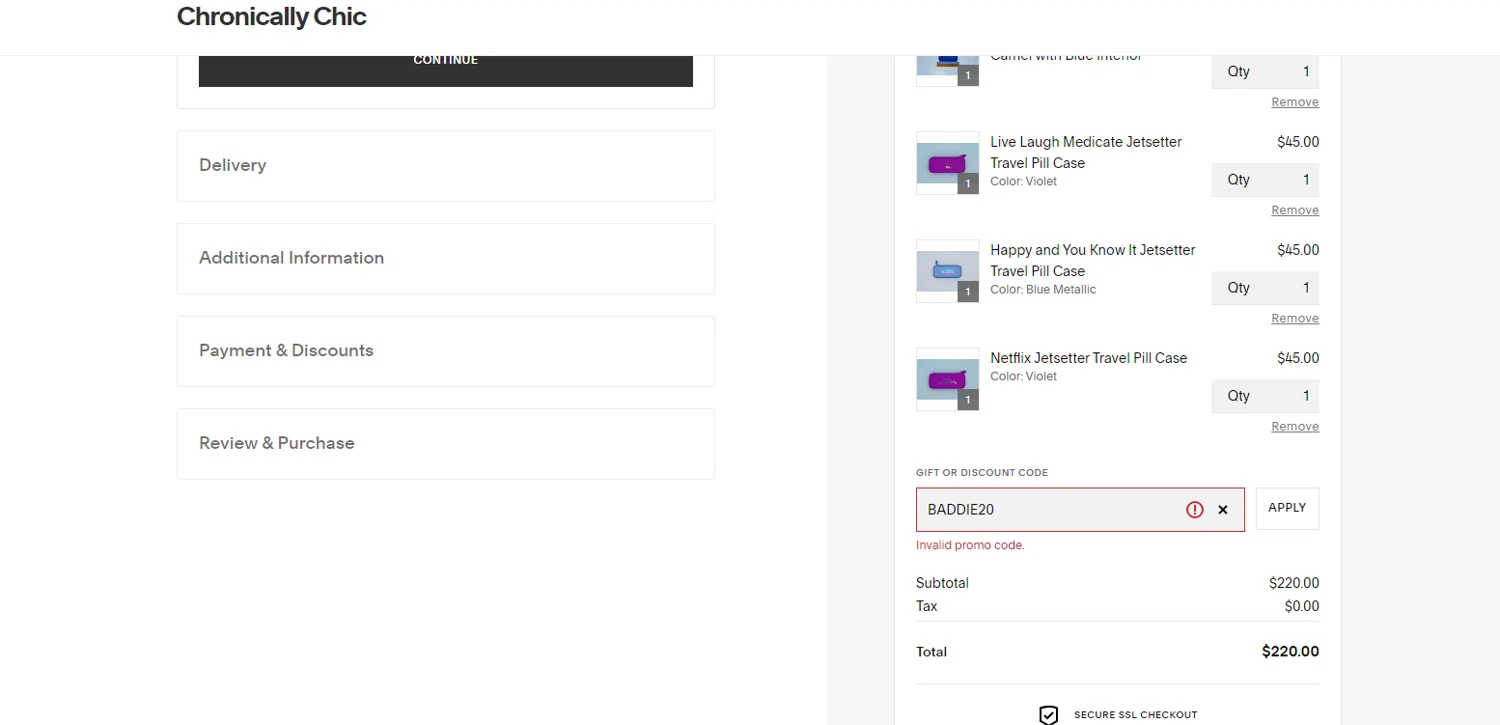 Chronically Chic promo code screenshot showing code BADDIE20 applied at Chronically Chic checkout page. Uploaded by SimplyCodes community member eliannyjimenez on May 12, 2025