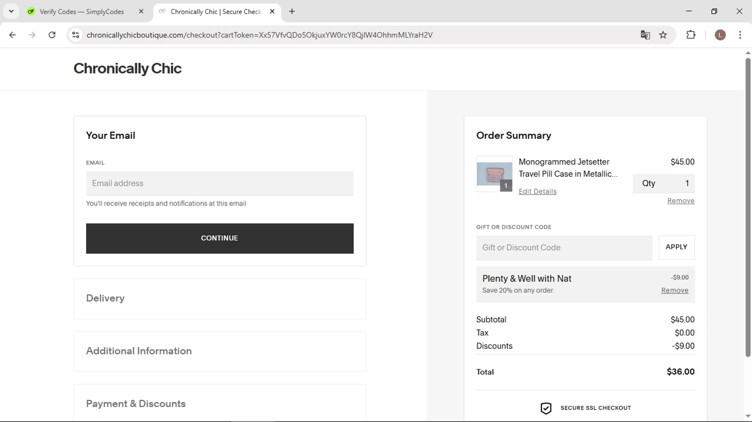 Chronically Chic promo code screenshot showing code NAT20 applied at Chronically Chic checkout page. Uploaded by SimplyCodes community member BENELLI on May 26, 2025