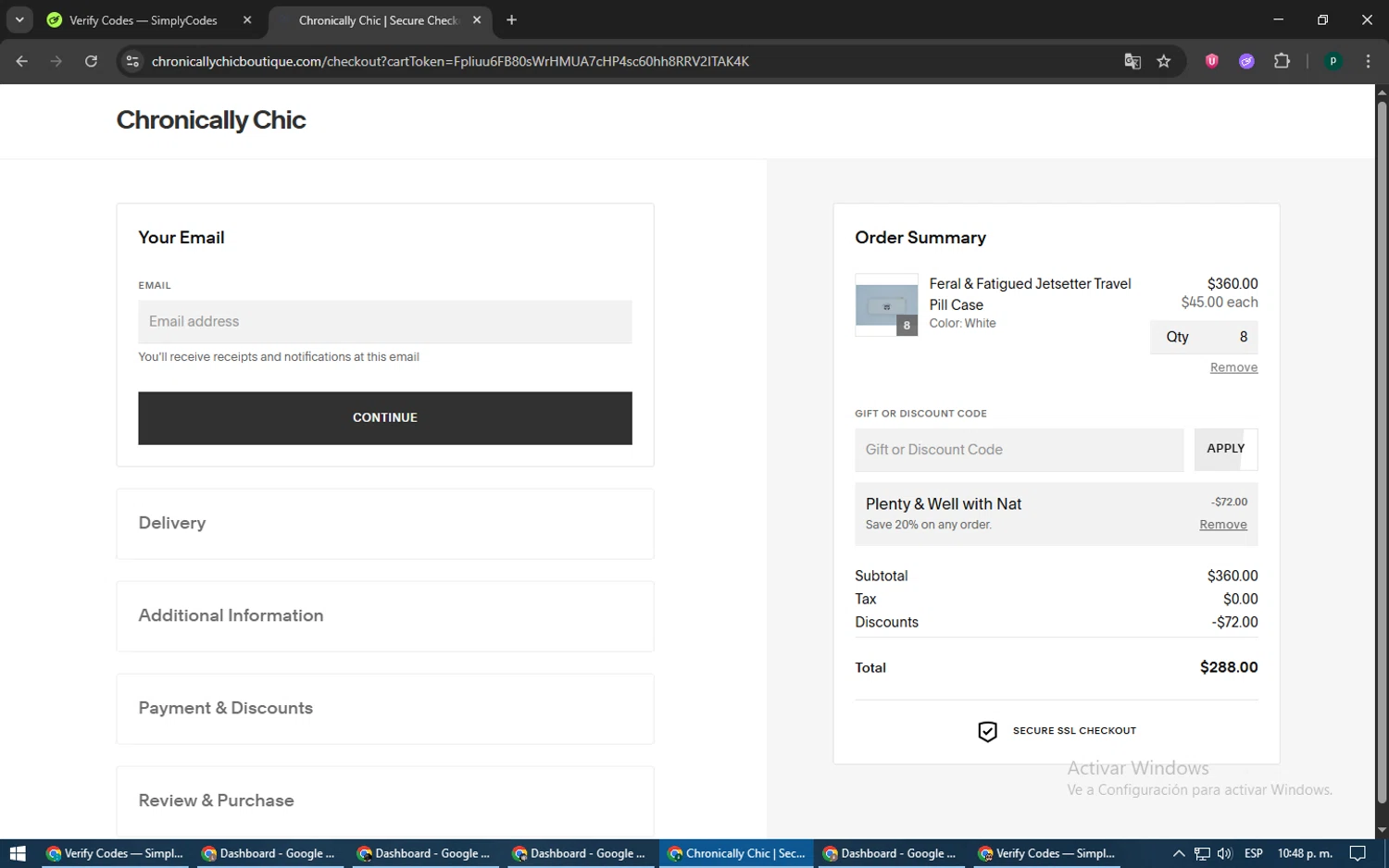 Chronically Chic promo code screenshot showing code NAT20 applied at Chronically Chic checkout page. Uploaded by SimplyCodes community member LegendaryWarden2503 on Jun 16, 2025
