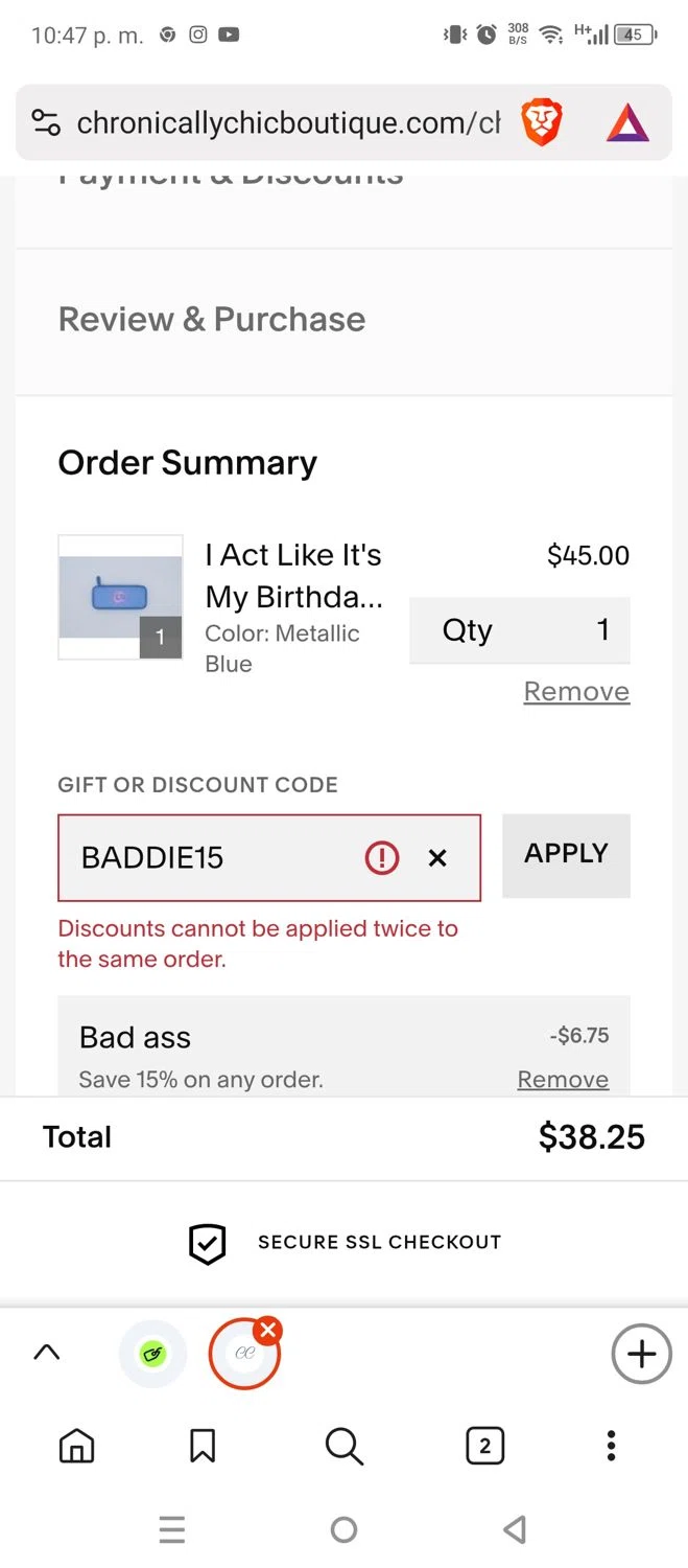 Chronically Chic promo code screenshot showing code BADDIE15 applied at Chronically Chic checkout page. Uploaded by SimplyCodes community member DiscountCollector1489 on Jun 16, 2025