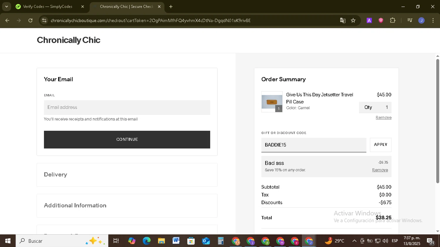 Chronically Chic promo code screenshot showing code BADDIE15 applied at Chronically Chic checkout page. Uploaded by SimplyCodes community member EpicSage3474 on Aug 13, 2025