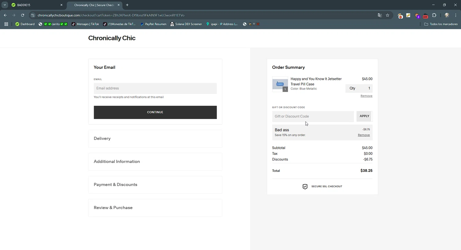 Chronically Chic promo code screenshot showing code BADDIE15 applied at Chronically Chic checkout page. Uploaded by SimplyCodes community member gribethr on May 26, 2025