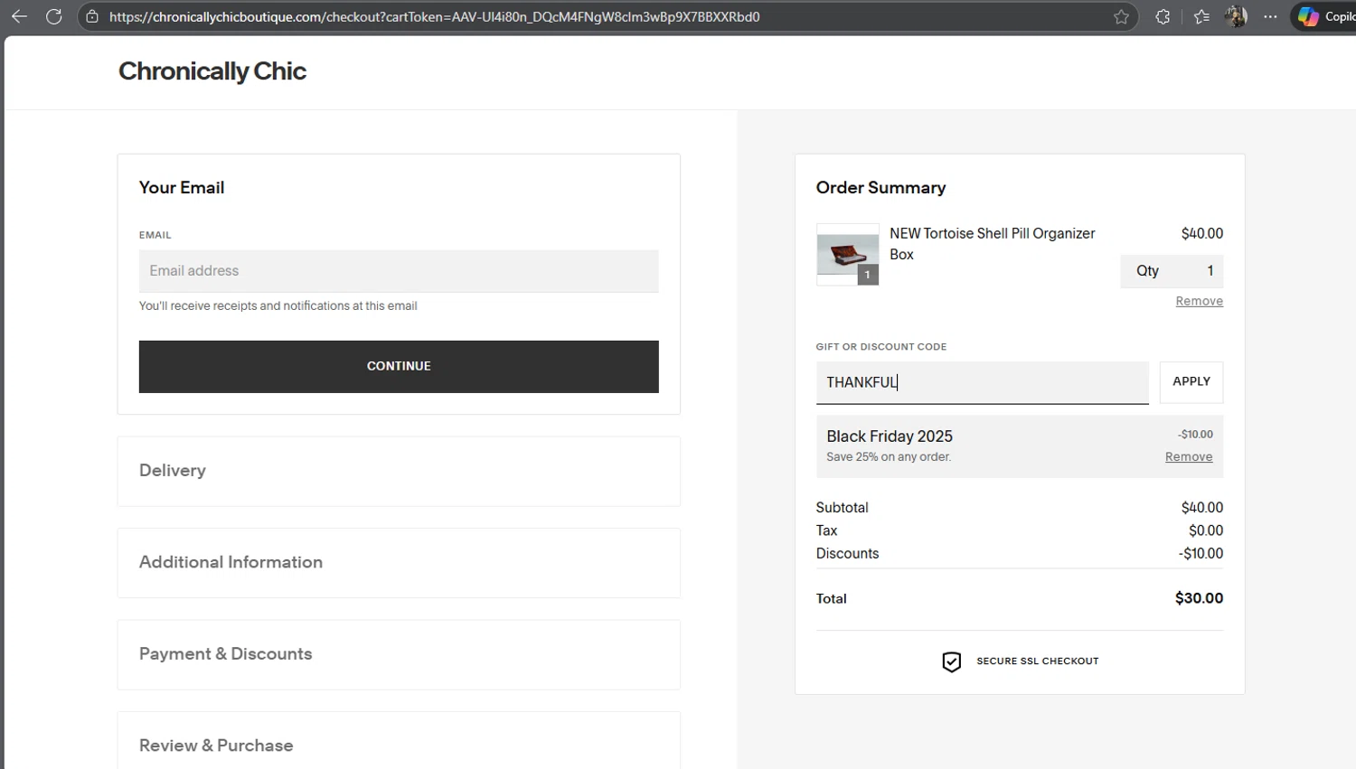 Chronically Chic promo code screenshot showing code THANKFUL applied at Chronically Chic checkout page. Uploaded by SimplyCodes community member JEMITOIG on Nov 15, 2025