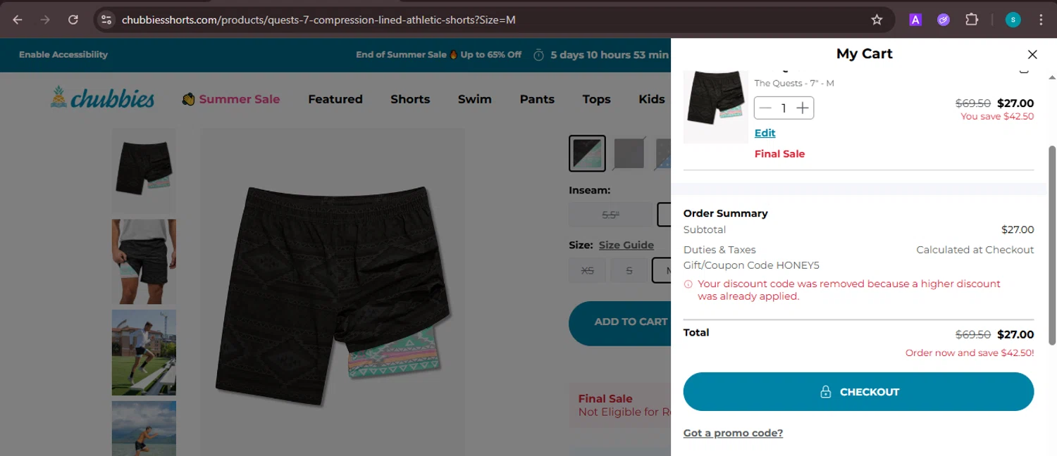Chubbies Shorts promo code screenshot showing code HONEY5 applied at Chubbies Shorts checkout page. Uploaded by SimplyCodes community member ValiantChaser7723 on Aug 27, 2025