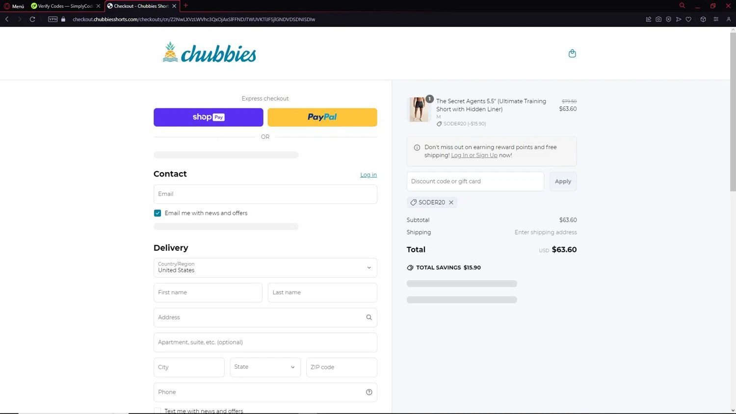 Chubbies Shorts promo code screenshot showing code SODER20 applied at Chubbies Shorts checkout page. Uploaded by SimplyCodes community member BMO123 on Mar 28, 2025