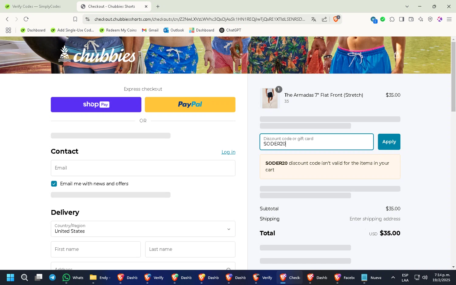 Chubbies Shorts promo code screenshot showing code SODER20 applied at Chubbies Shorts checkout page. Uploaded by SimplyCodes community member CleverKnight6759 on Feb 19, 2025