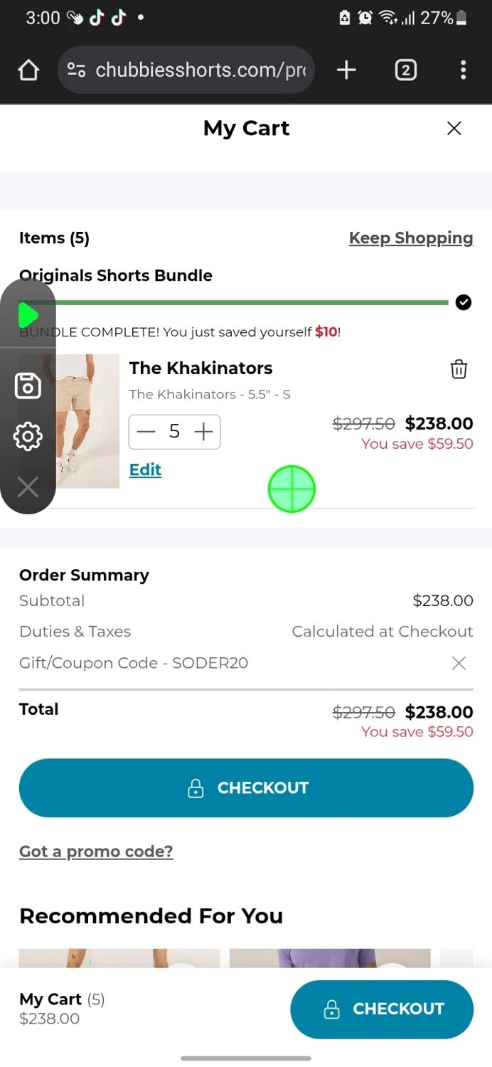 Chubbies Shorts promo code screenshot showing code SODER20 applied at Chubbies Shorts checkout page. Uploaded by SimplyCodes community member miguelcrast on Mar 6, 2025