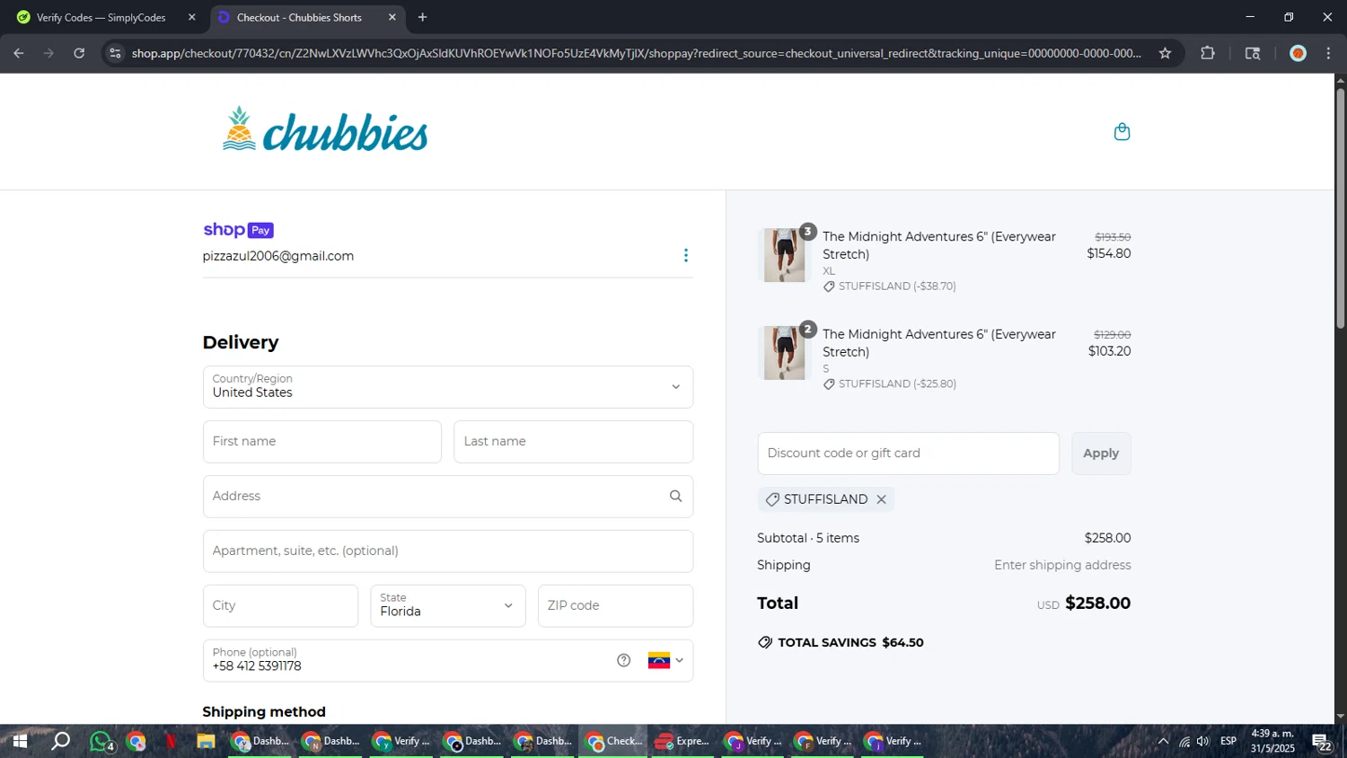 Chubbies Shorts promo code screenshot showing code STUFFISLAND applied at Chubbies Shorts checkout page. Uploaded by SimplyCodes community member BonusCaptain9927 on May 31, 2025
