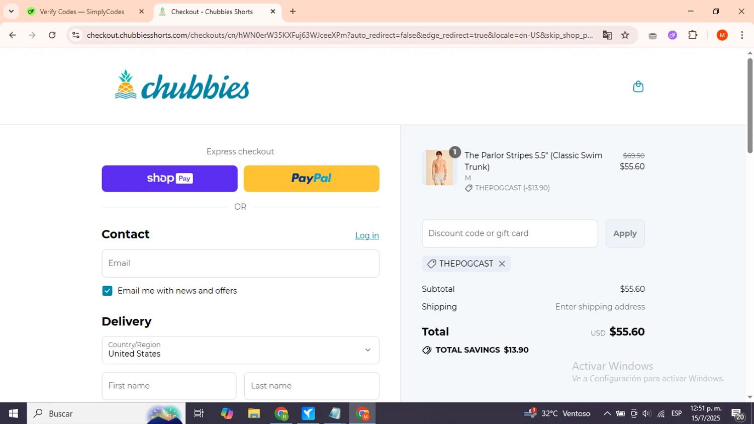 Chubbies Shorts promo code screenshot showing code THEPOGCAST applied at Chubbies Shorts checkout page. Uploaded by SimplyCodes community member FortunateSleuth9566 on Jul 15, 2025